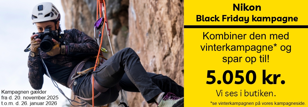 Nikon Black Friday kampagne kombiner den med vinterkampagne* og spar op til! 5050 kr. Vi ses i butikken. Se vinterkampagne på vores kampagneside